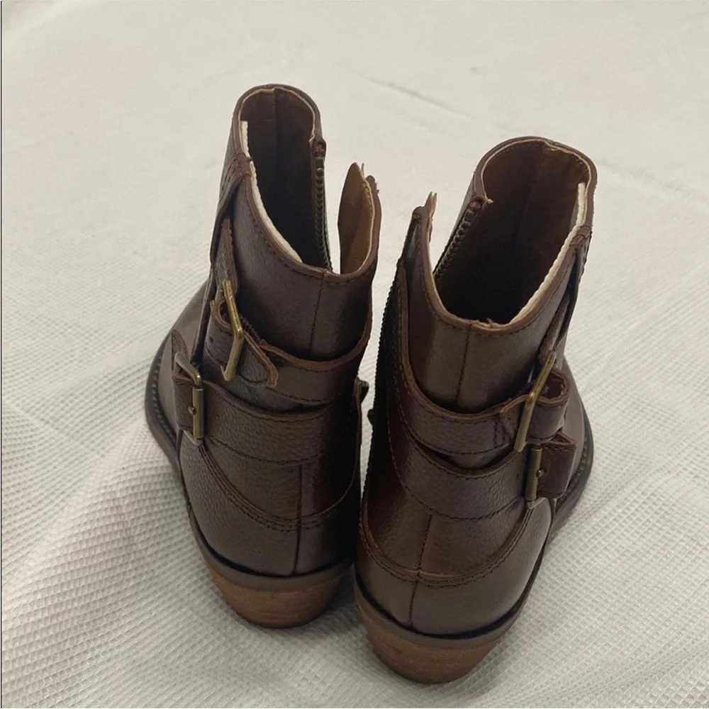Lucky Brand Caelyn Leather Bootie Brown Double Buckle Western Moto Boho 5.5